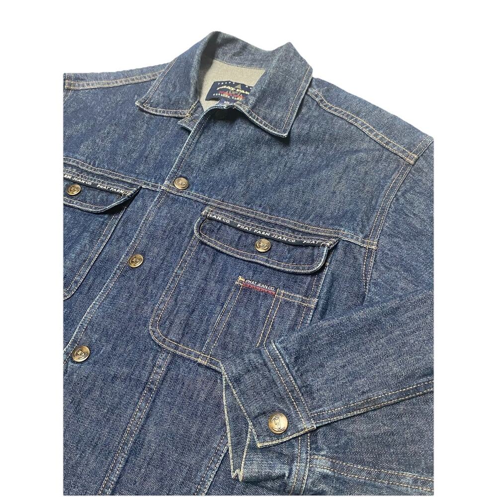 Phat Farm Denim Jacket L Blue Flag Logo Vintage Hip Hop NY Y2K Streetwear Faded